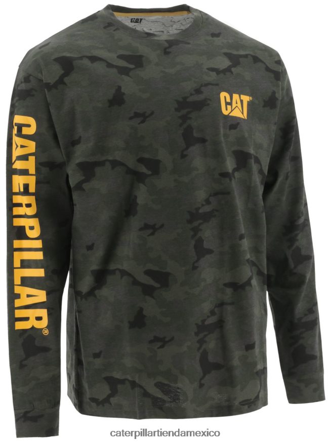 hombres camiseta de manga larga con estandarte de marca registrada Caterpillar camuflaje nocturno ZXJB4H226 | tops y ropa de abrigo