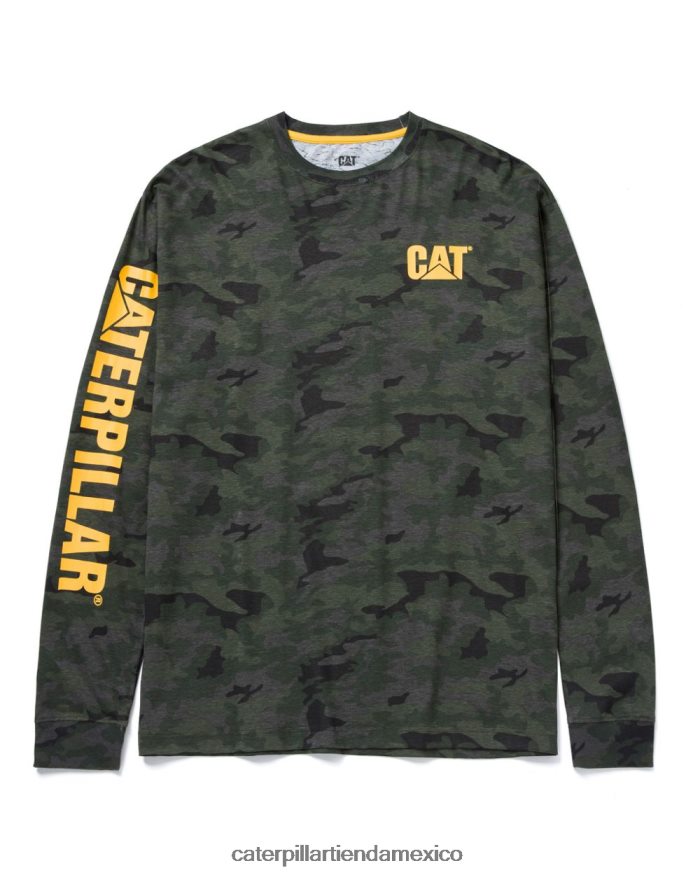 hombres camiseta de manga larga con estandarte de marca registrada Caterpillar camuflaje nocturno ZXJB4H226 | tops y ropa de abrigo