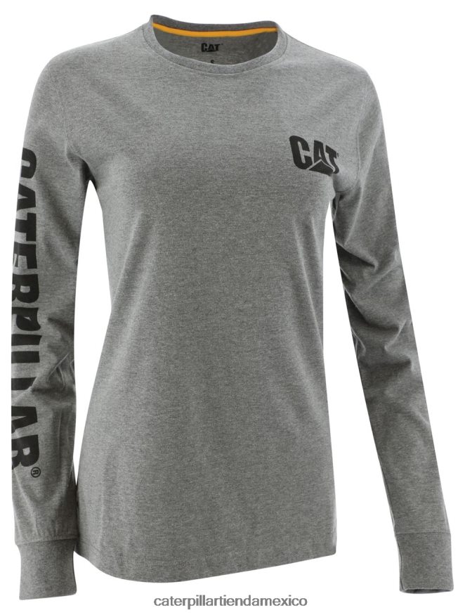 mujer camiseta de manga larga con estandarte de marca registrada Caterpillar gris jaspeado oscuro ZXJB4H320 | tops y ropa de abrigo